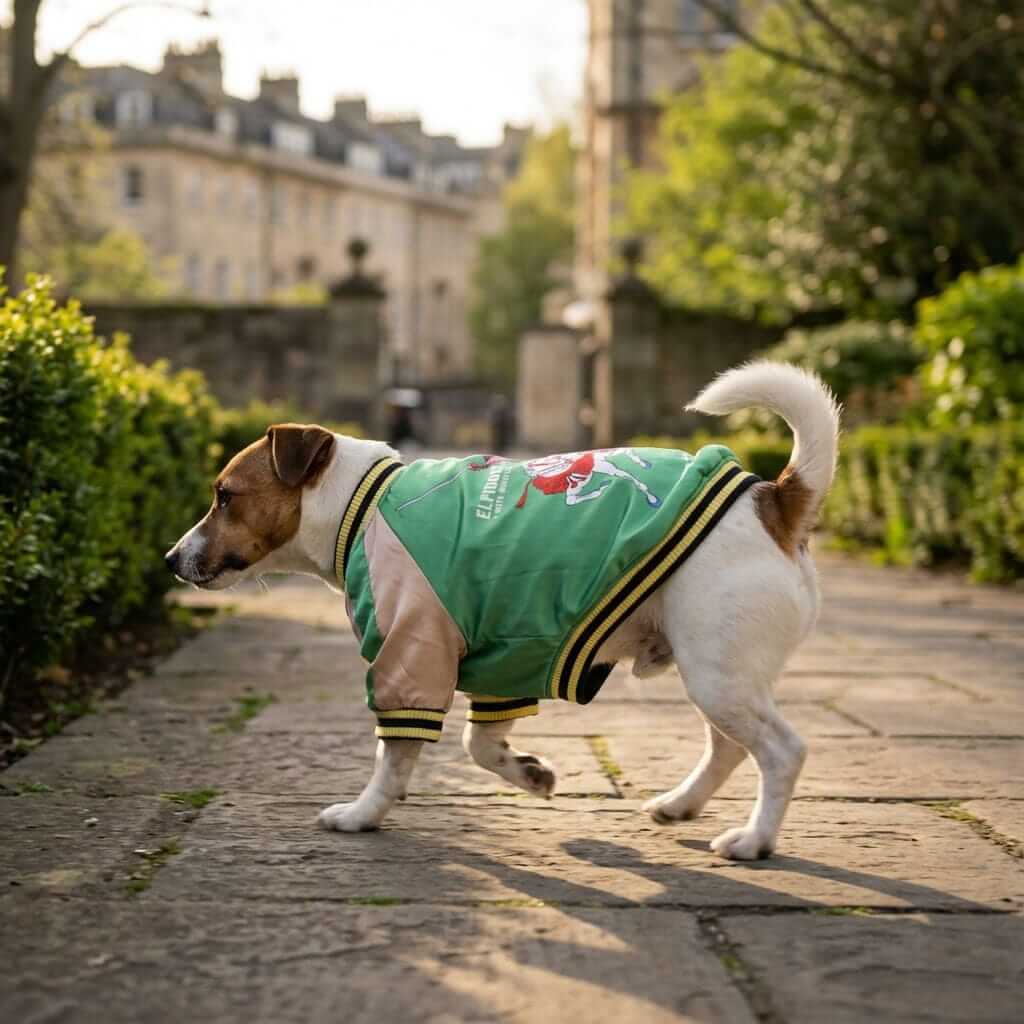 I hate Mondays Basketball Dog Jacket on a dog walking outdoors, featuring lightweight and breathable design, perfect for chilly days.