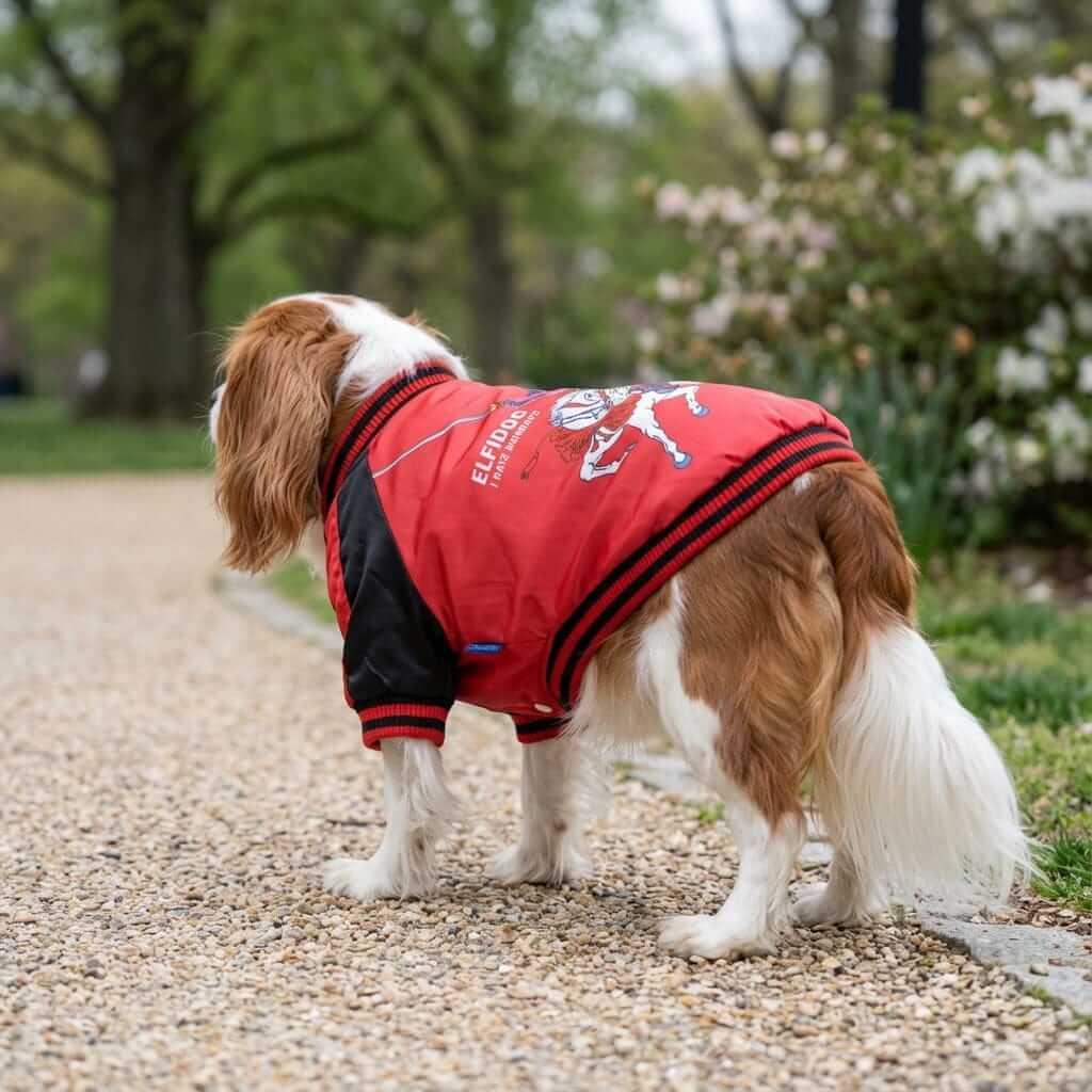 Cute dog wearing I hate Mondays Basketball Dog Jacket, perfect for chilly walks, featuring breathable and lightweight design.