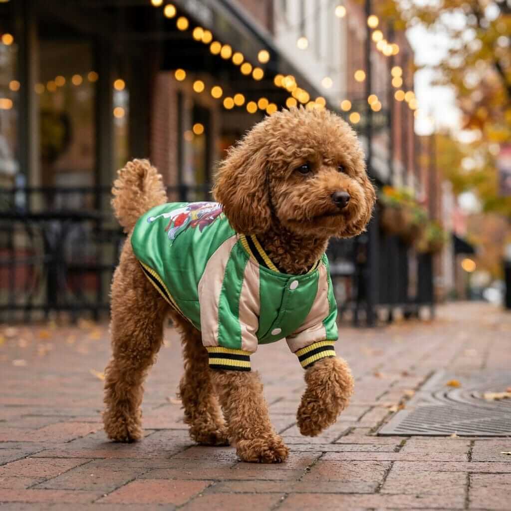 I hate Mondays Basketball Dog Jacket on a dog walking in autumn, featuring a breathable design and cozy fit for outdoor activities.