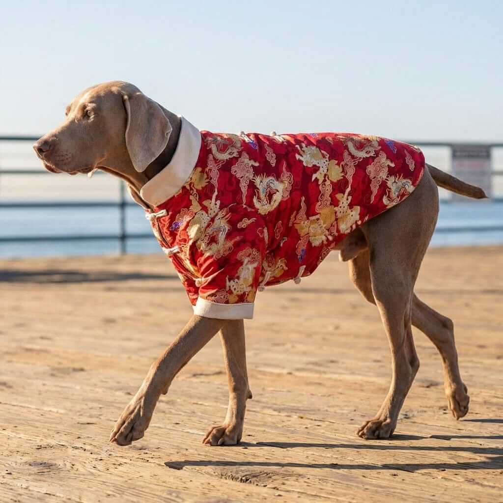 Imperial Celebration Dog Jacket on a dog in a stylish red coat, featuring elegant design and lightweight comfort for festive occasions.