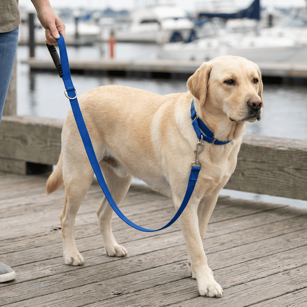 Instant Dog Trainer Leash featuring a yellow lab on a dock, showcasing comfort and control for dogs.