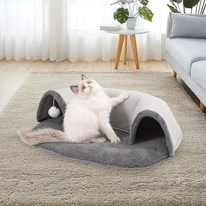 Interactive Cat Tunnel Bed for playful cats, featuring a cozy bed and tunnel, designed by Dogs & Cats.
