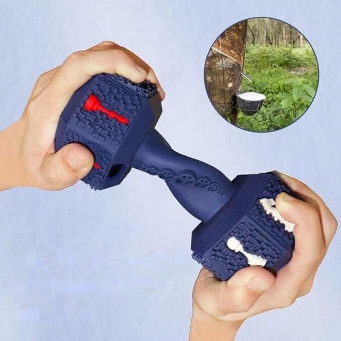 Interactive Treat Dispensing Dumbbell Dog Toy being squeezed, showcasing its durable design for engaging playtime.