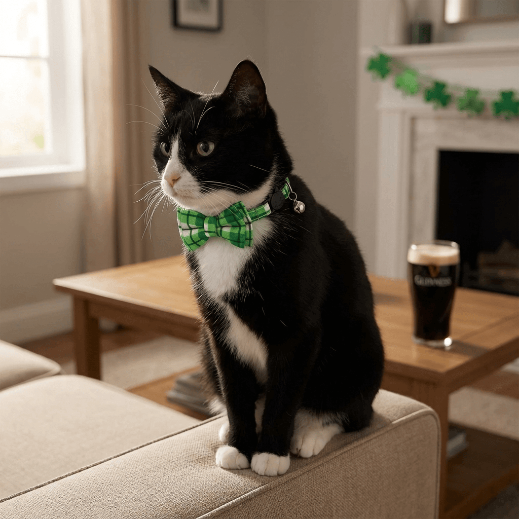 Irish Plaid Bow Collar for Cats & Small Dogs on a black and white cat, perfect for festive occasions.
