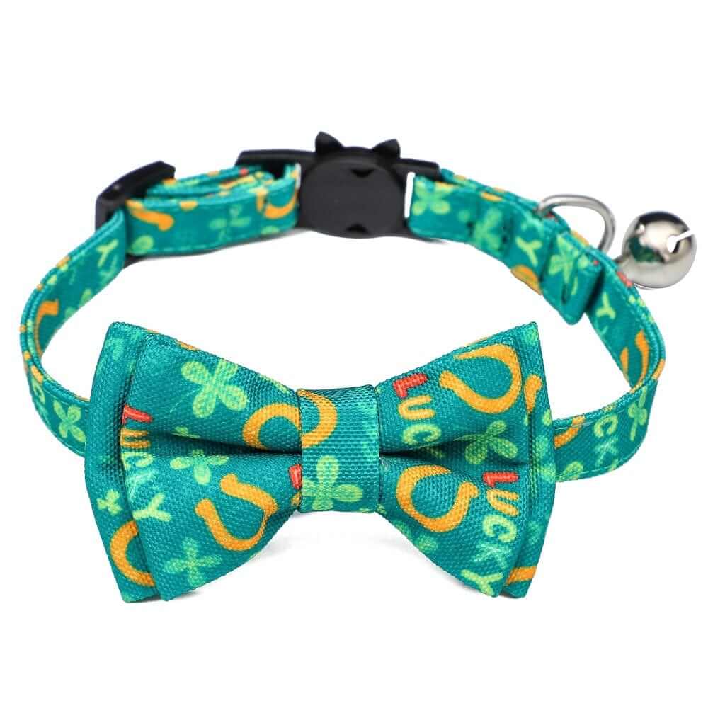 Irish Plaid Bow Collar for Cats & Small Dogs, festive bow collar with adjustable buckle and bell.