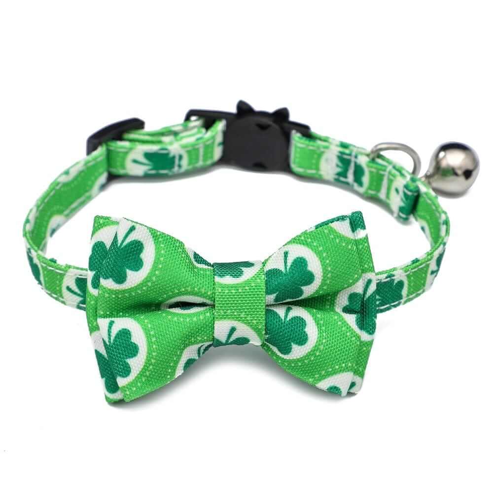 Irish Plaid Bow Collar for Cats & Small Dogs with shamrock design and adjustable buckle.