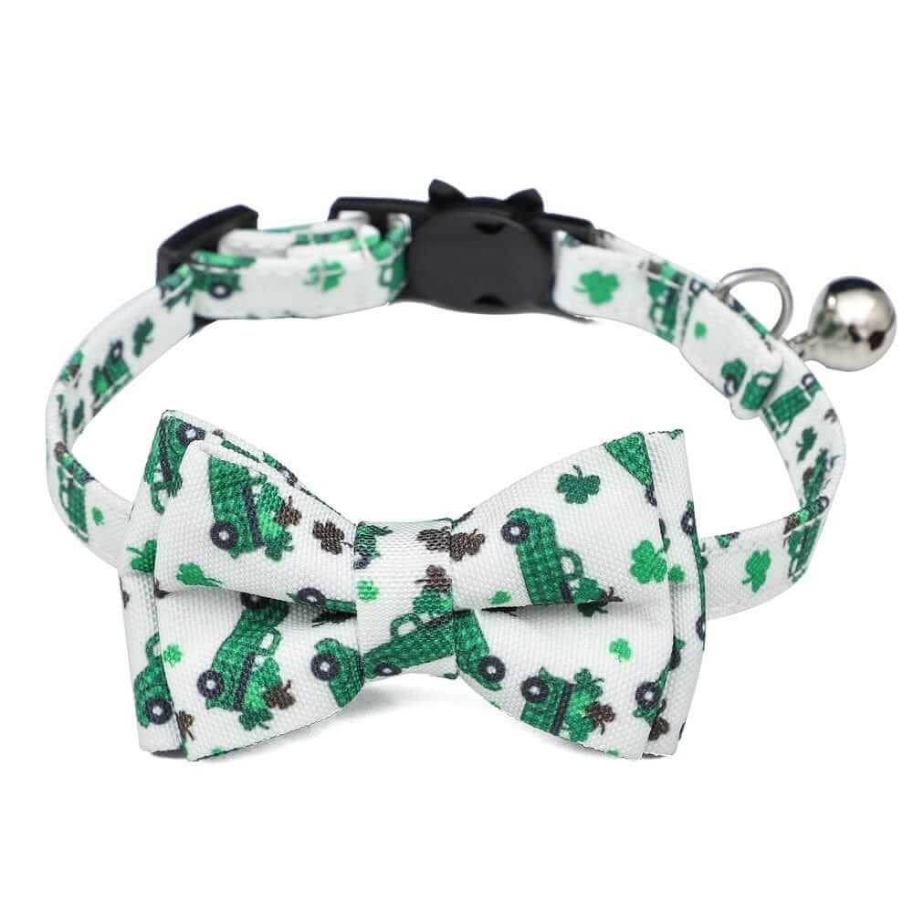 Irish Plaid Bow Collar for Cats & Small Dogs with green tractor and shamrock design for stylish pets.