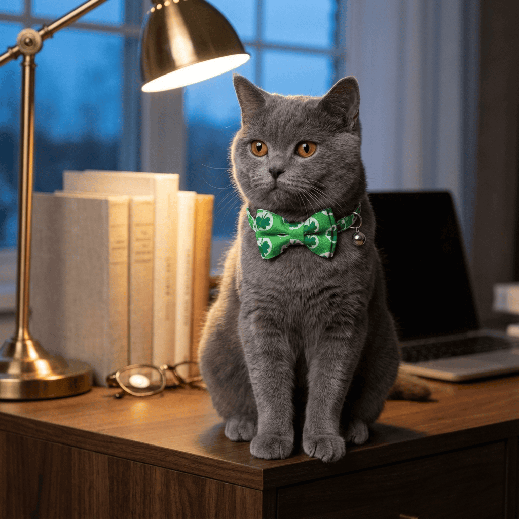 Irish Plaid Bow Collar for Cats & Small Dogs on a stylish grey cat, showcasing festive elegance and charm.