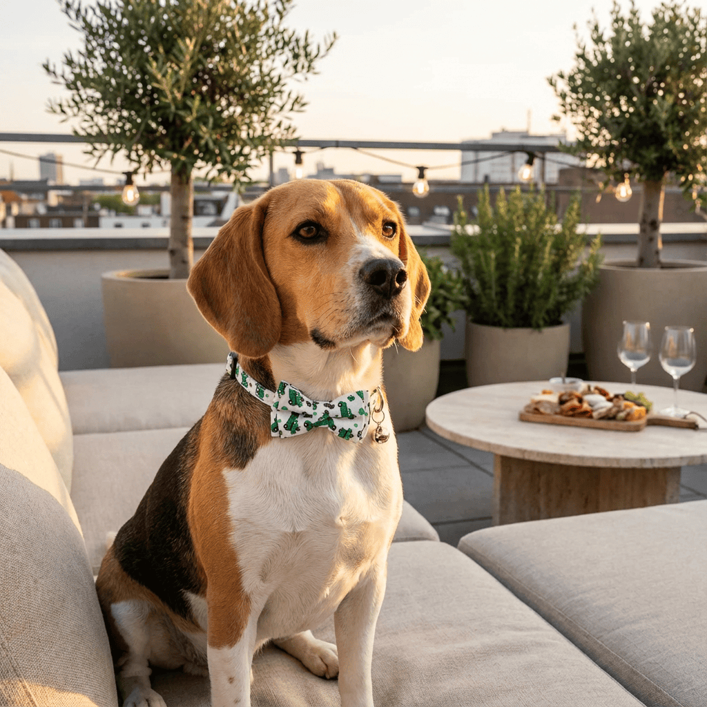 Irish Plaid Bow Collar for Cats & Small Dogs on a stylish beagle in a serene outdoor setting with plants.