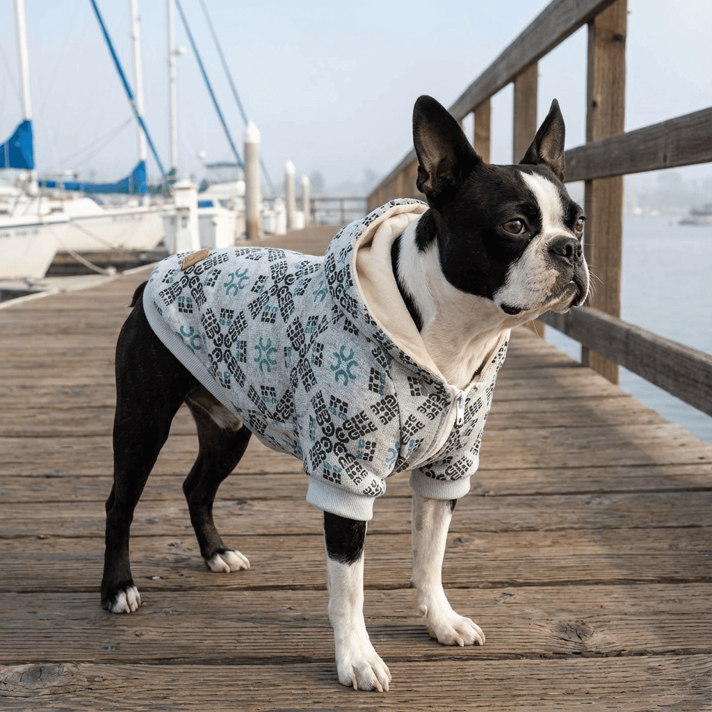 Itty Bites Hooded Dog Sweater on a Boston Terrier, featuring breathable fabric and hooded design, perfect for Dogs & Cats.