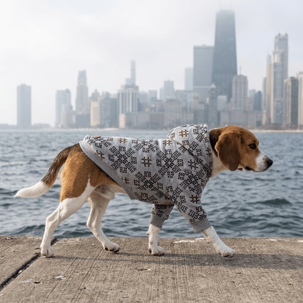 Beagle wearing Itty Bites Hooded Dog Sweater by Dogs & Cats brand near a city waterfront, showcasing its comfortable hooded design.