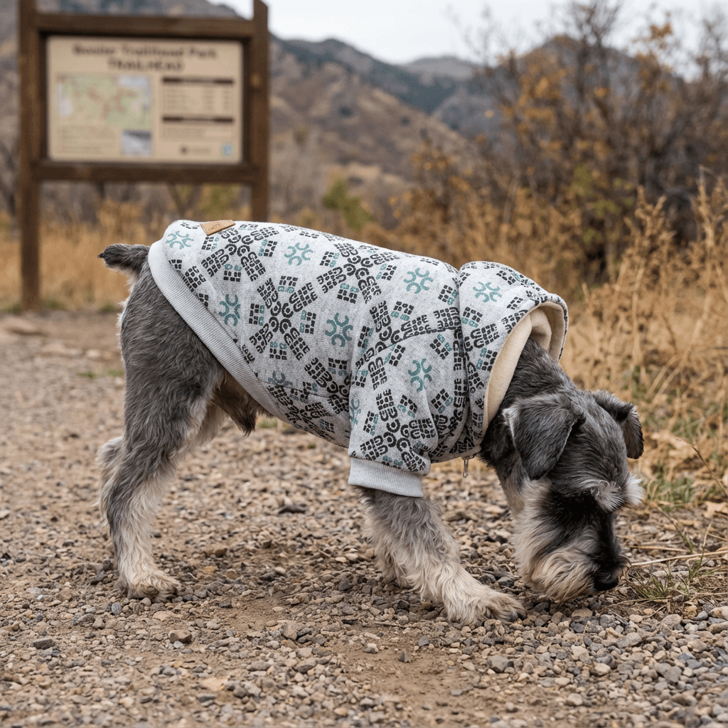 Itty Bites Hooded Dog Sweater on a Schnauzer, featuring breathable fabric and hooded design for pets.
