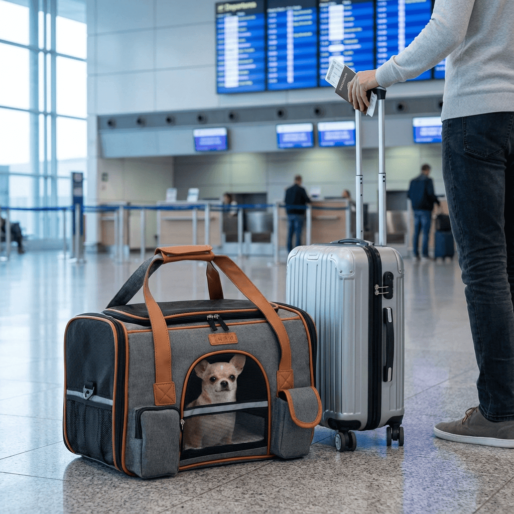 JetSet Paws Luxury Travel Pet Carrier & Car Seat for Dogs & Cats at the airport with owner and suitcase.