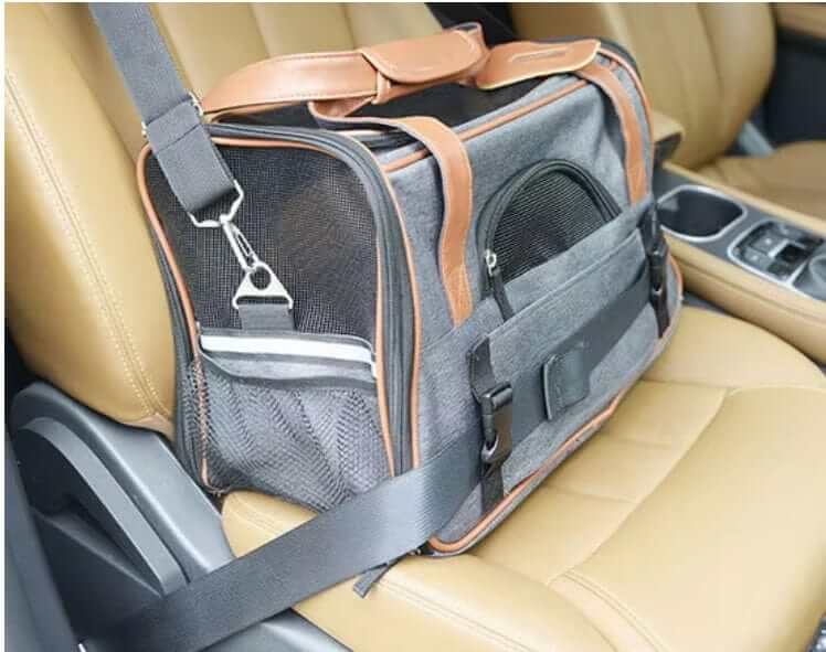 JetSet Paws Luxury Travel Pet Carrier & Car Seat secured in car for safe pet travel.