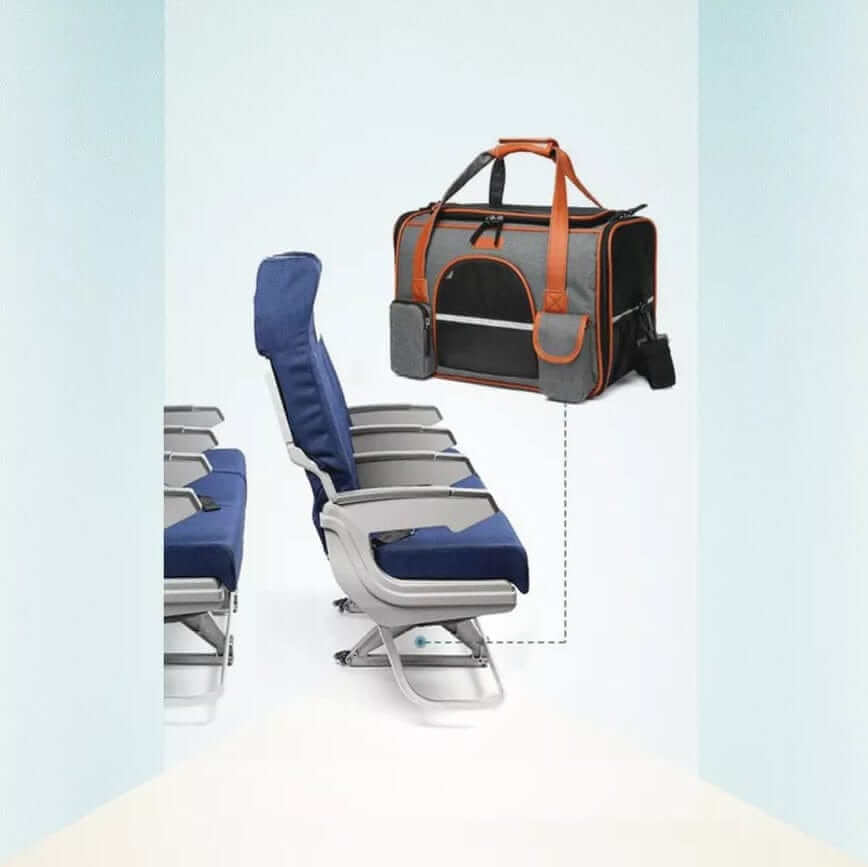JetSet Paws Luxury Travel Pet Carrier & Car Seat next to airplane seat, ideal for traveling with pets.