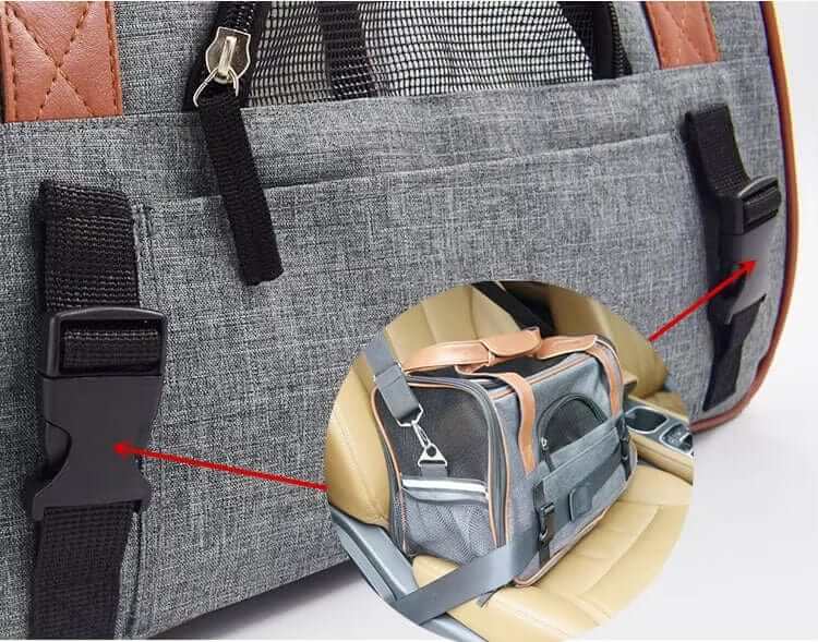 JetSet Paws Luxury Travel Pet Carrier & Car Seat featuring secure buckles for car safety and comfort for Dogs & Cats.
