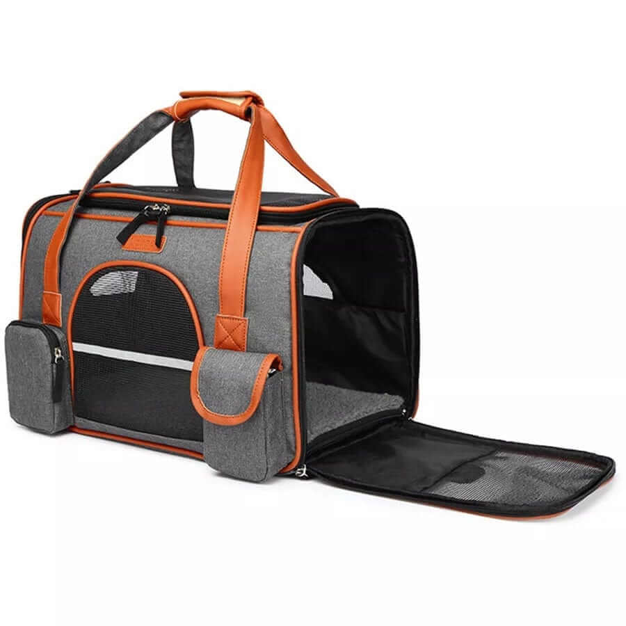 JetSet Paws Luxury Travel Pet Carrier & Car Seat with stylish design, multiple pockets for dogs & cats.