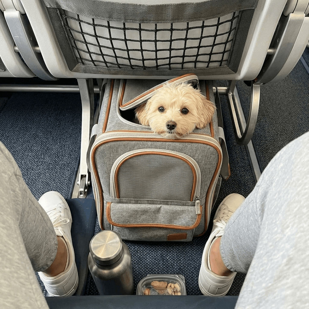 JetSet Paws Luxury Travel Pet Carrier & Car Seat with small dog on airplane, designed for dogs & cats.