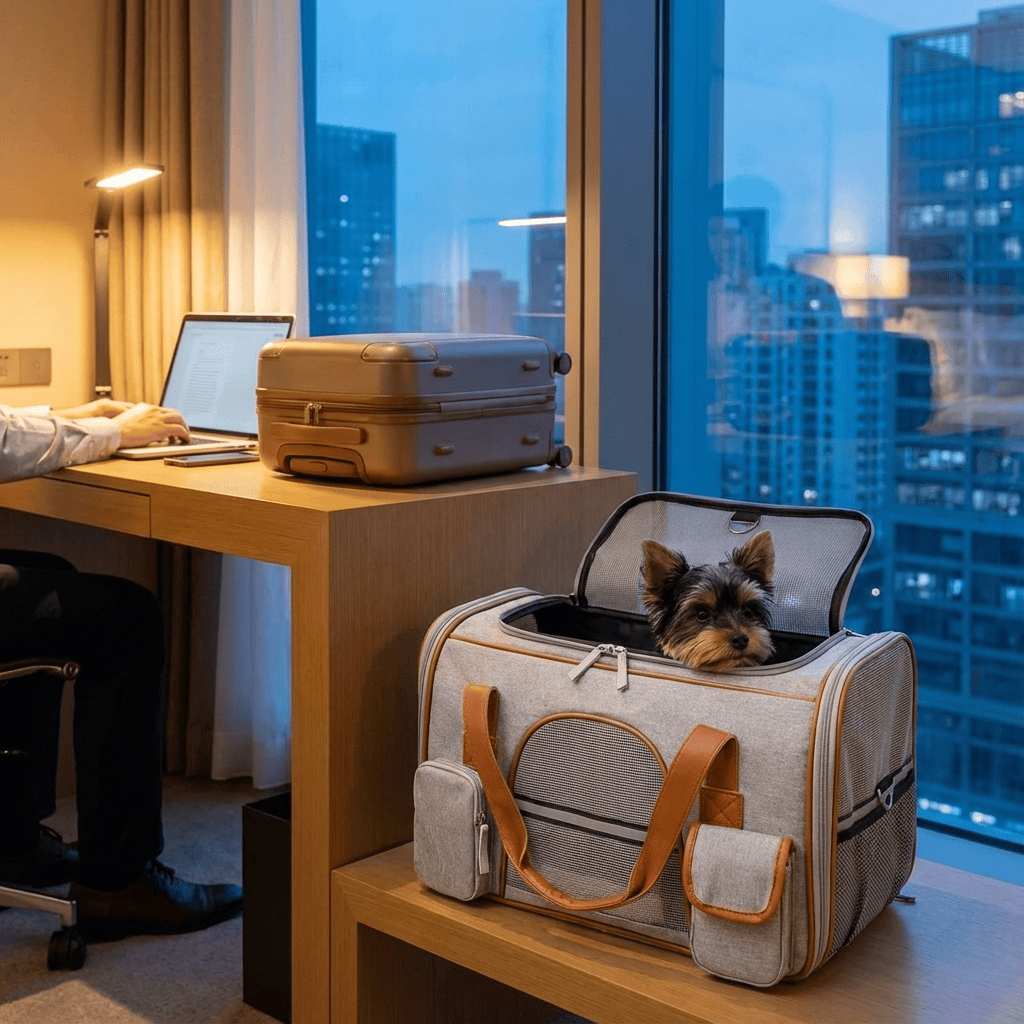 JetSet Paws Luxury Travel Pet Carrier & Car Seat with dog in hotel room, perfect for stylish travel with pets.