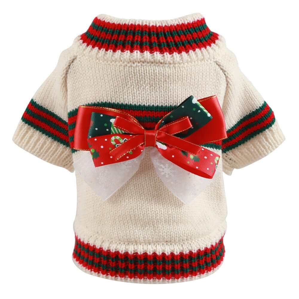 JollyPaws Christmas Sweater for Dogs & Cats, cozy with festive bow, perfect for holiday cheer, stylish and warm.