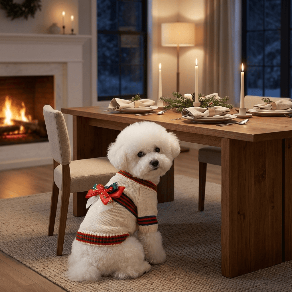 JollyPaws Christmas Sweater on a fluffy dog sitting by a holiday dining table, perfect for festive celebrations.