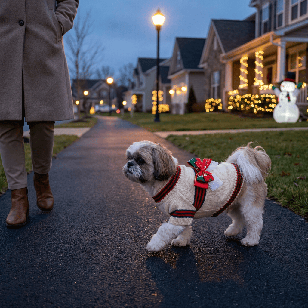 JollyPaws Christmas Sweater on a Shih Tzu during a festive evening walk in a decorated neighborhood.