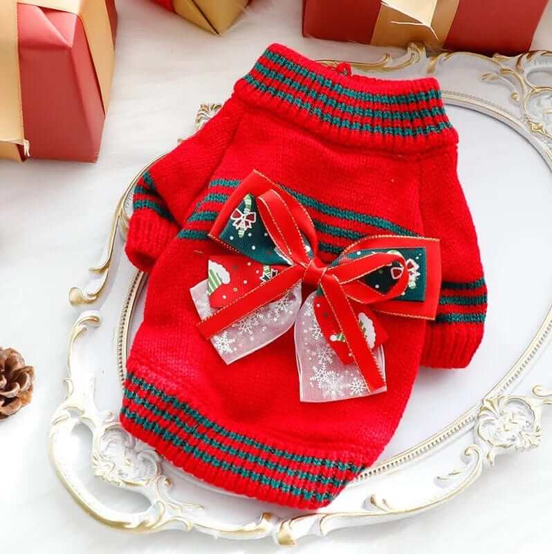 JollyPaws Christmas Sweater for Dogs, cozy red sweater with festive bow, perfect for holiday celebrations.