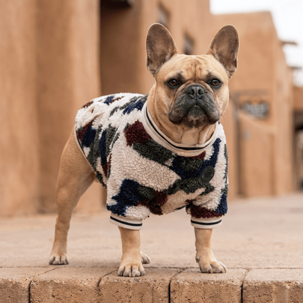 Jungle Camo Dog Jacket on a French Bulldog showcasing comfort and style for Dogs & Cats, perfect for any occasion.