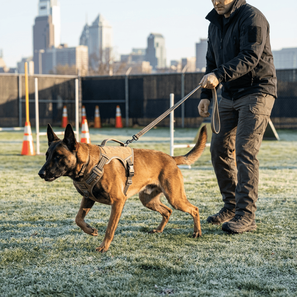 K9Command Tactical Harness on a working dog, featuring no-pull leash clip and sturdy handle by Dogs & Cats.