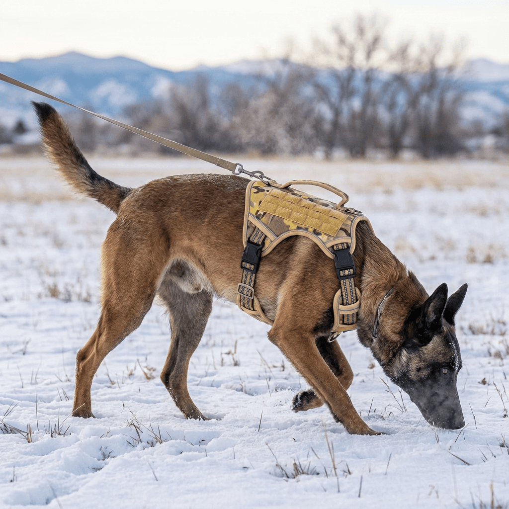 K9Command Tactical Harness on a Belgian Malinois dog, showcasing its durable design and no-pull leash clip in snowy terrain.