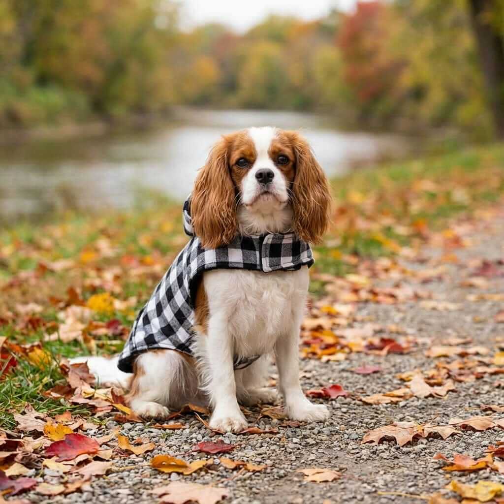 Kangaroo Pocket Plaid Dog Hoodie on a Cavalier King Charles Spaniel in a scenic fall setting by a river.