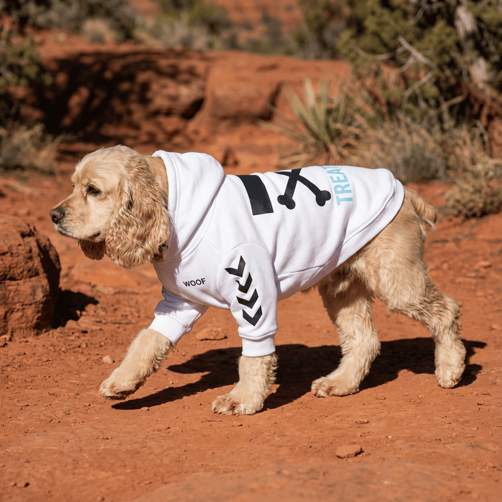 Keji Schnauzer Lawyer Dog Sweatshirt on a Cocker Spaniel, featuring warmth and wind protection, by Dogs & Cats.