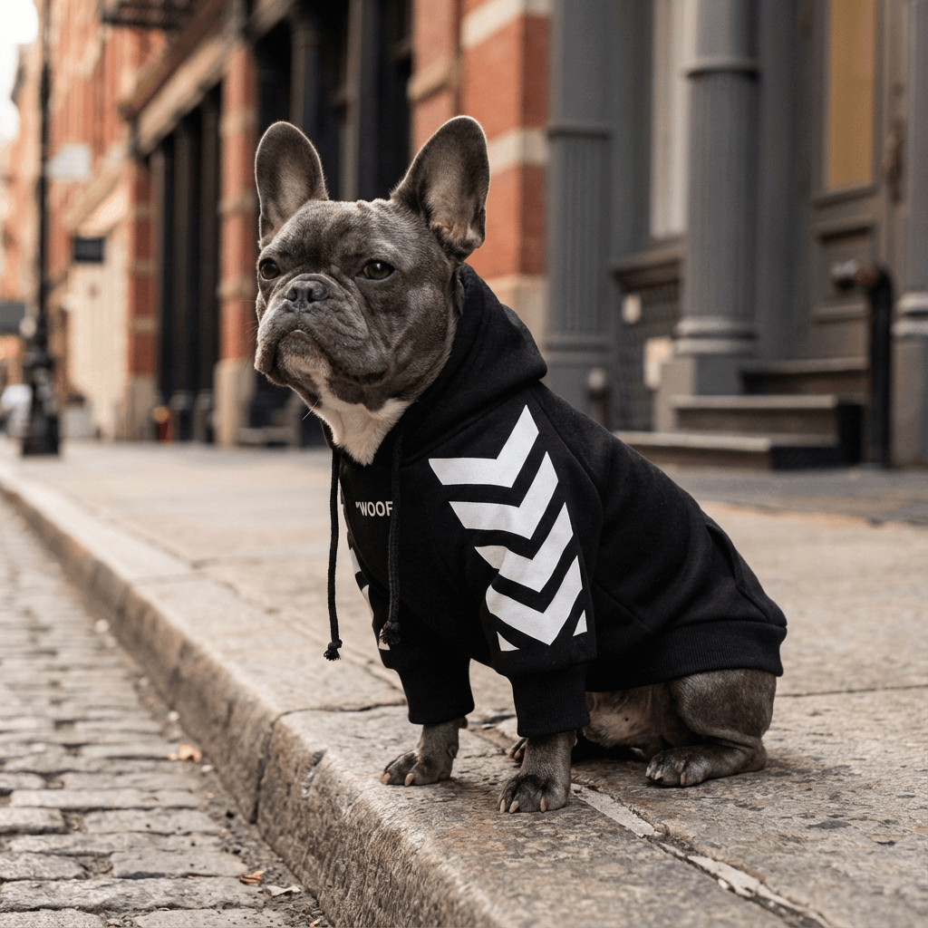 Keji Schnauzer Lawyer Dog Sweatshirt on a French Bulldog, featuring a stylish design and cold protection.