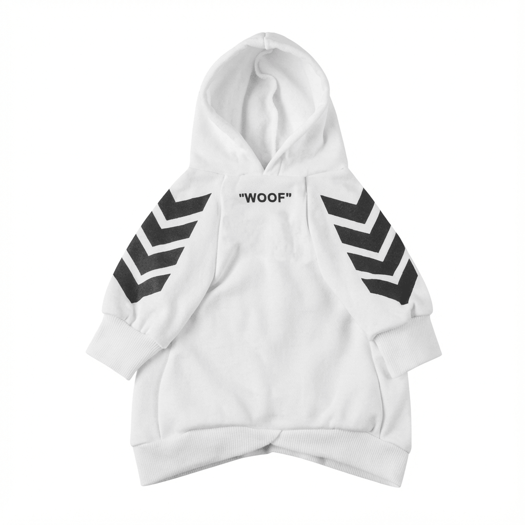 Keji Schnauzer Lawyer Dog Sweatshirt - white hoodie with Woof text and black chevron stripes, perfect for dogs and cats.
