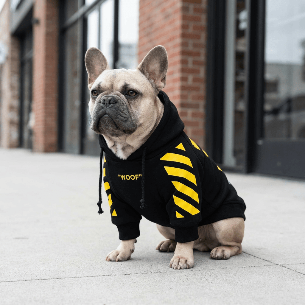 Keji Schnauzer Lawyer Dog Sweatshirt on a French Bulldog, stylish and warm for dogs, by Dogs & Cats brand.