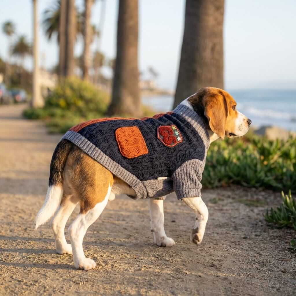Beagle wearing a Knitted Dog Winter Sweater on beach path, showcasing its cozy design and colors.