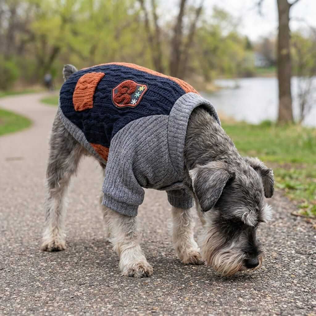 Knitted Dog Winter Sweater on a Schnauzer, featuring a cozy design and warm knit, perfect for stylish pets by Dogs & Cats.
