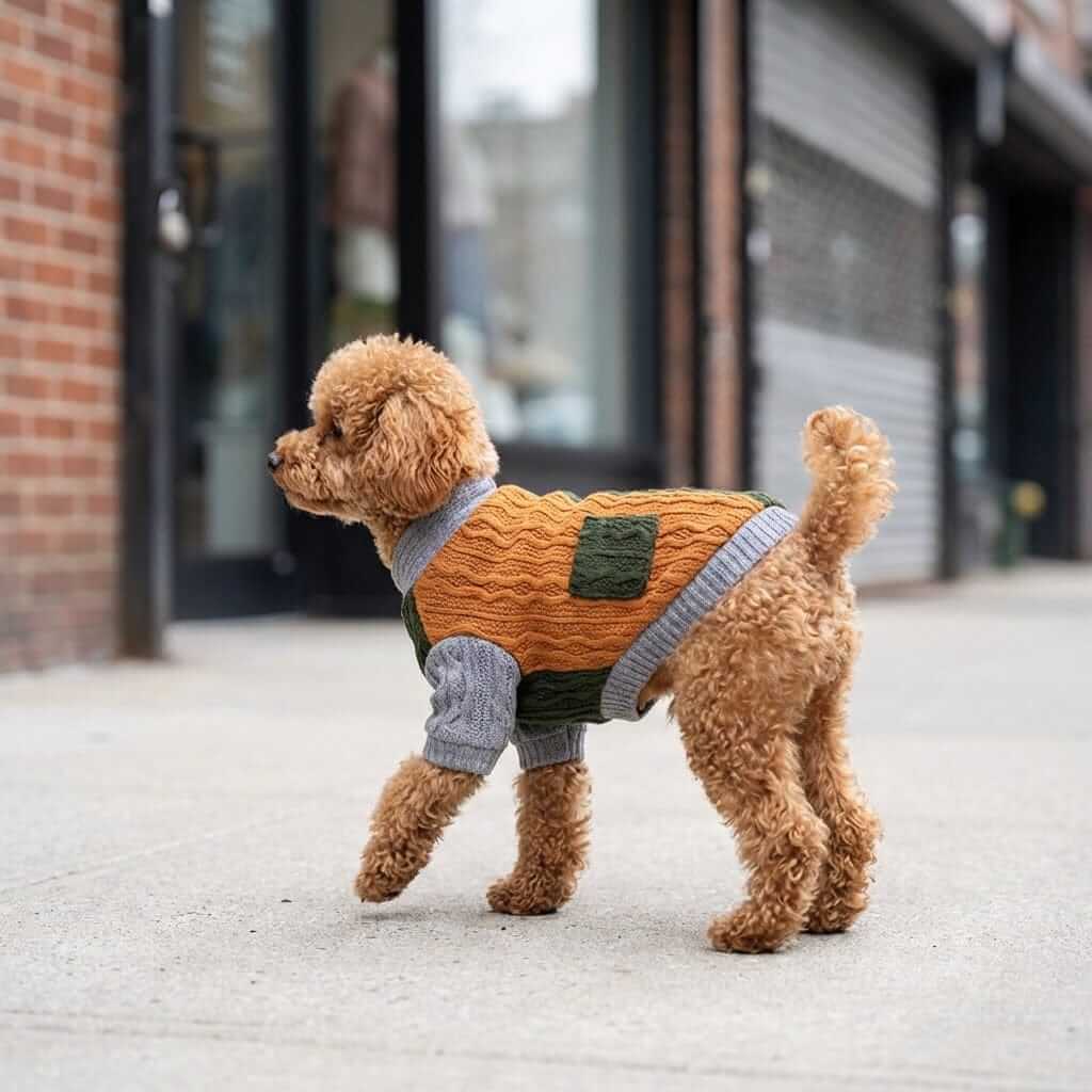 Knitted Dog Winter Sweater on a curly-haired dog, featuring a stylish design and warm knit for cold weather.