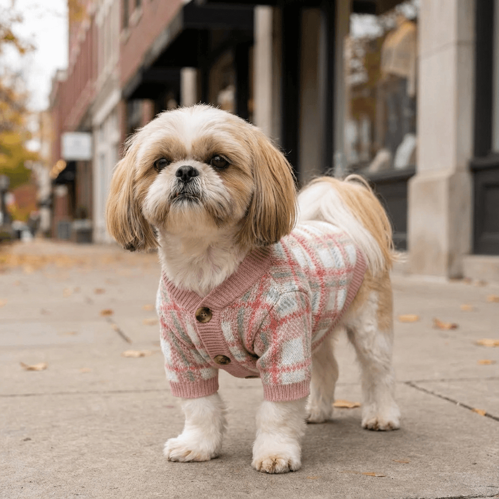 Knitted Plaid Dog Sweater on a small dog, featuring short sleeves and button-up closure, perfect for Dogs & Cats brand.