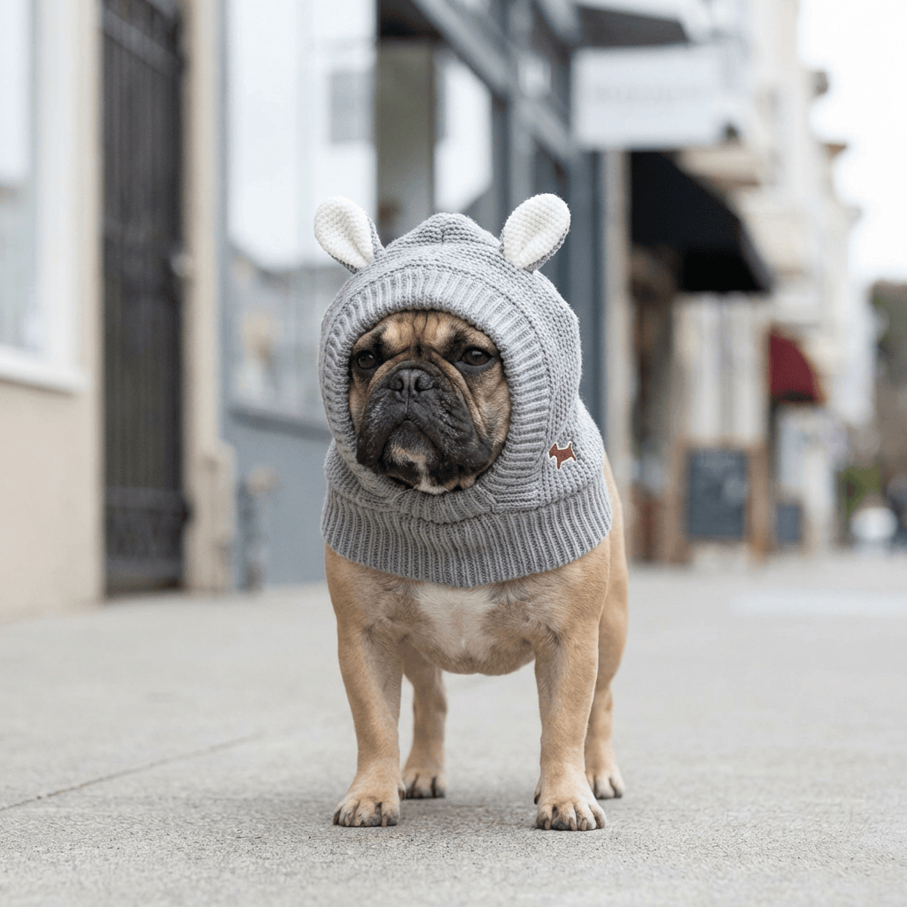 Knitted Rabbit Ear Pet Hat on a French Bulldog, features wool material, soft, breathable, ideal for dogs and cats.