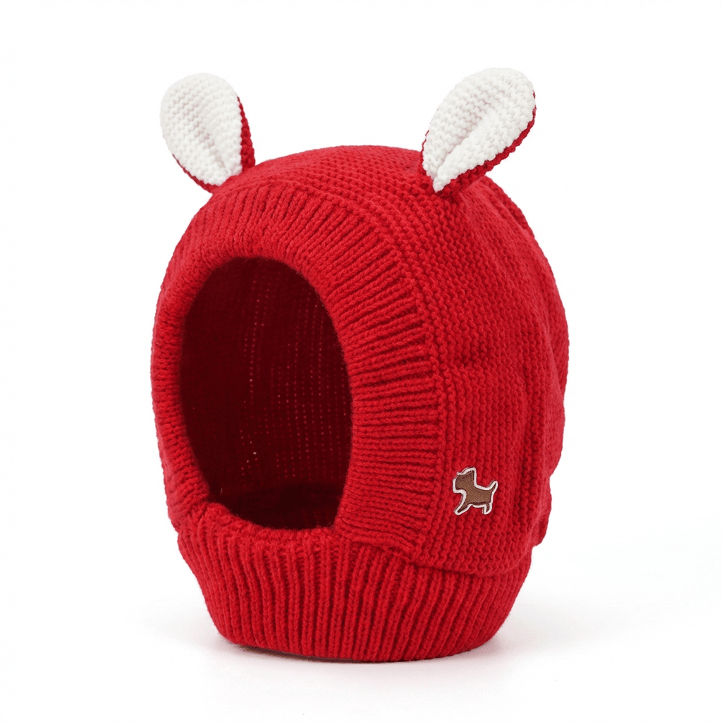 Knitted Rabbit Ear Pet Hat for Dogs & Cats in red, wool material, soft, breathable, with rabbit ears.