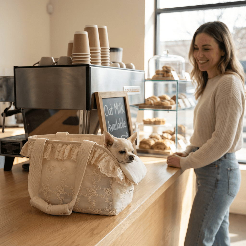 Lace Pet Shoulder Bag with a small dog, breathable and portable for stylish pet travel in a cafe setting.