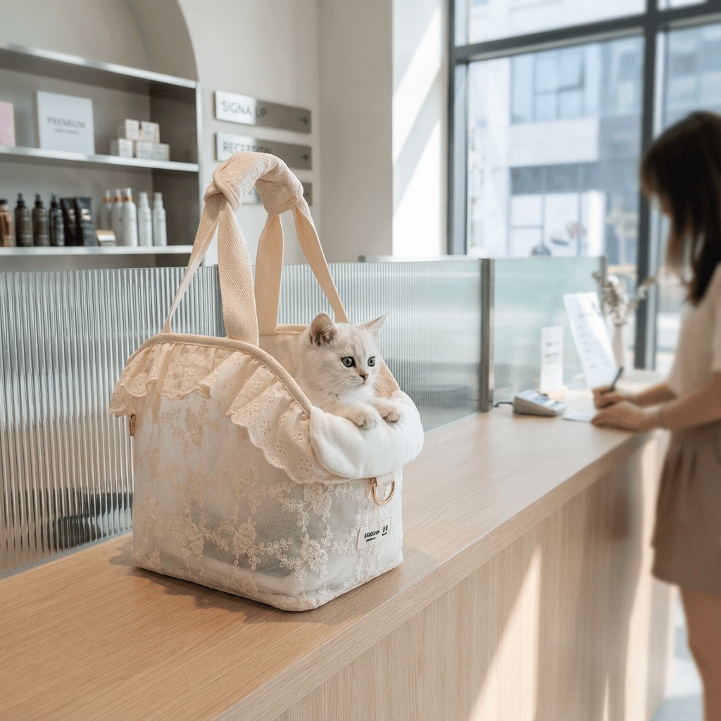 Lace Pet Shoulder Bag with a cat inside, featuring breathable material and elegant lace design for stylish travel with pets.
