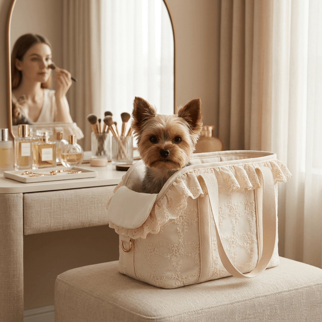 Lace Pet Shoulder Bag with a small dog inside, perfect for stylish pet travel and comfort for Dogs & Cats.