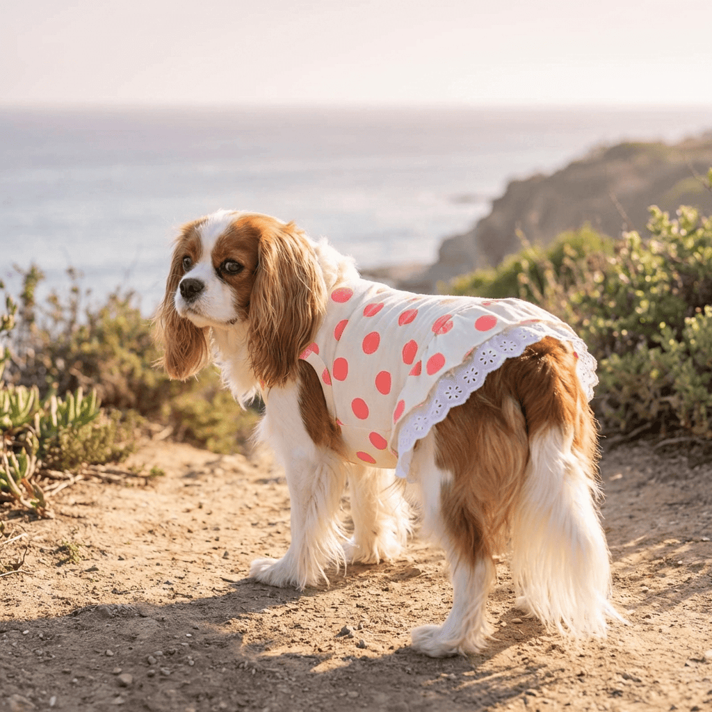 Lace Polka Dot Dog Dress on a Cavalier King Charles Spaniel by Dogs & Cats, with lace edges and polka dots at the beach.