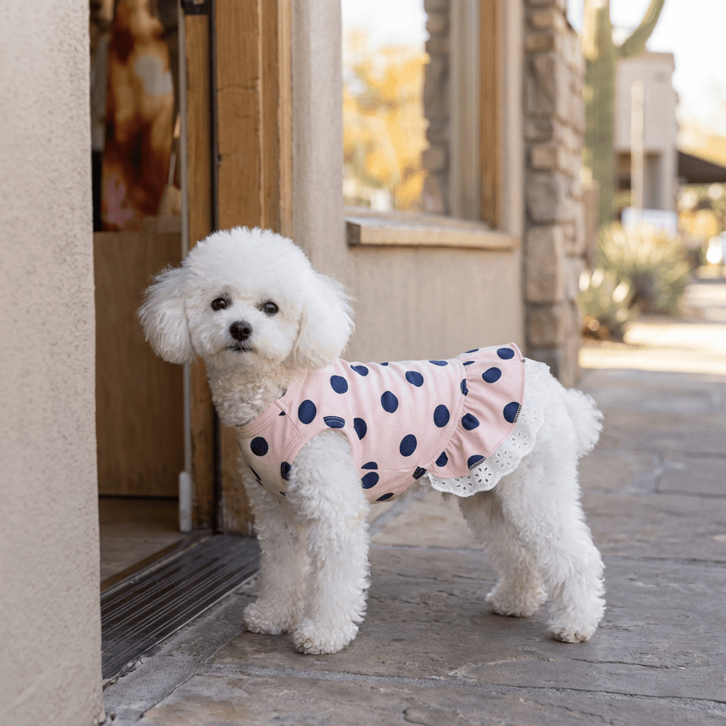 Lace Polka Dot Dog Dress on a poodle, showcasing lace edges and polka dots for Dogs & Cats.