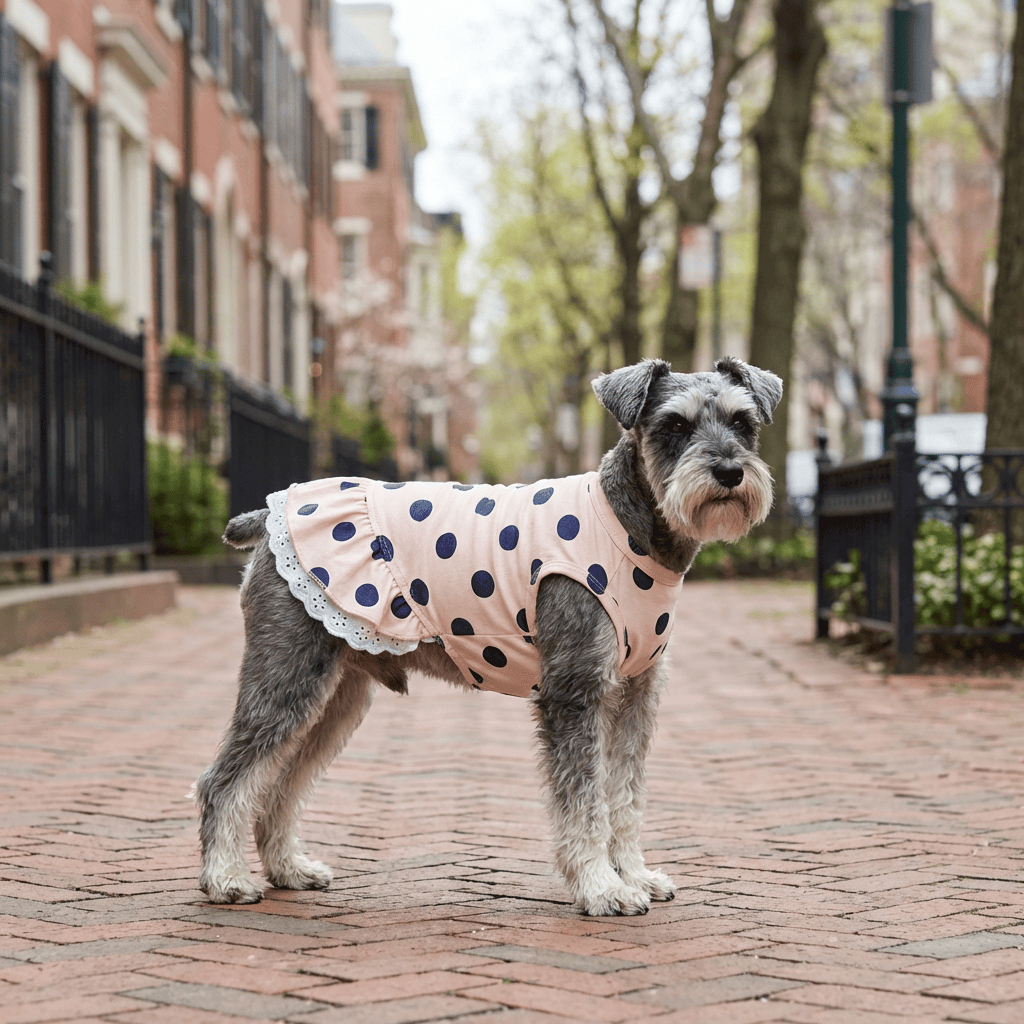Lace Polka Dot Dog Dress worn by a cute dog in a pink polka dot design with lace edges, perfect for spring by Dogs & Cats