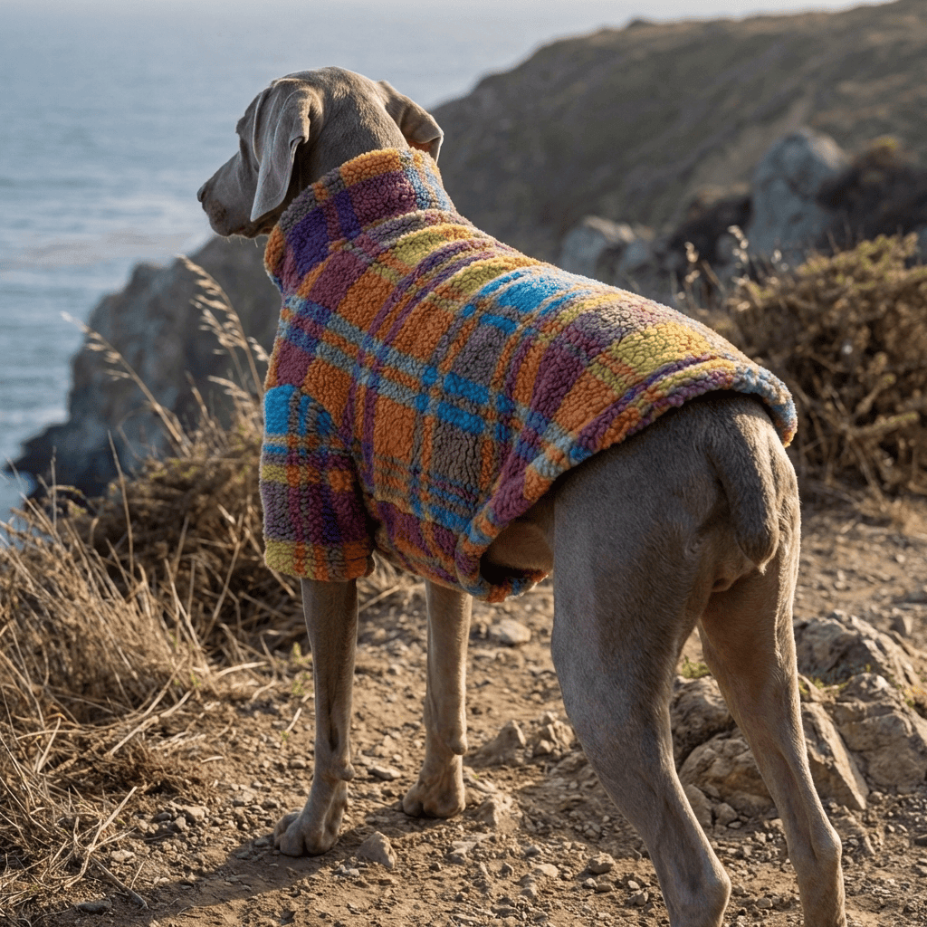 Dog wearing LambCloud Plaid Sherpa Jacket showcasing vibrant plaid design by Dogs & Cats.