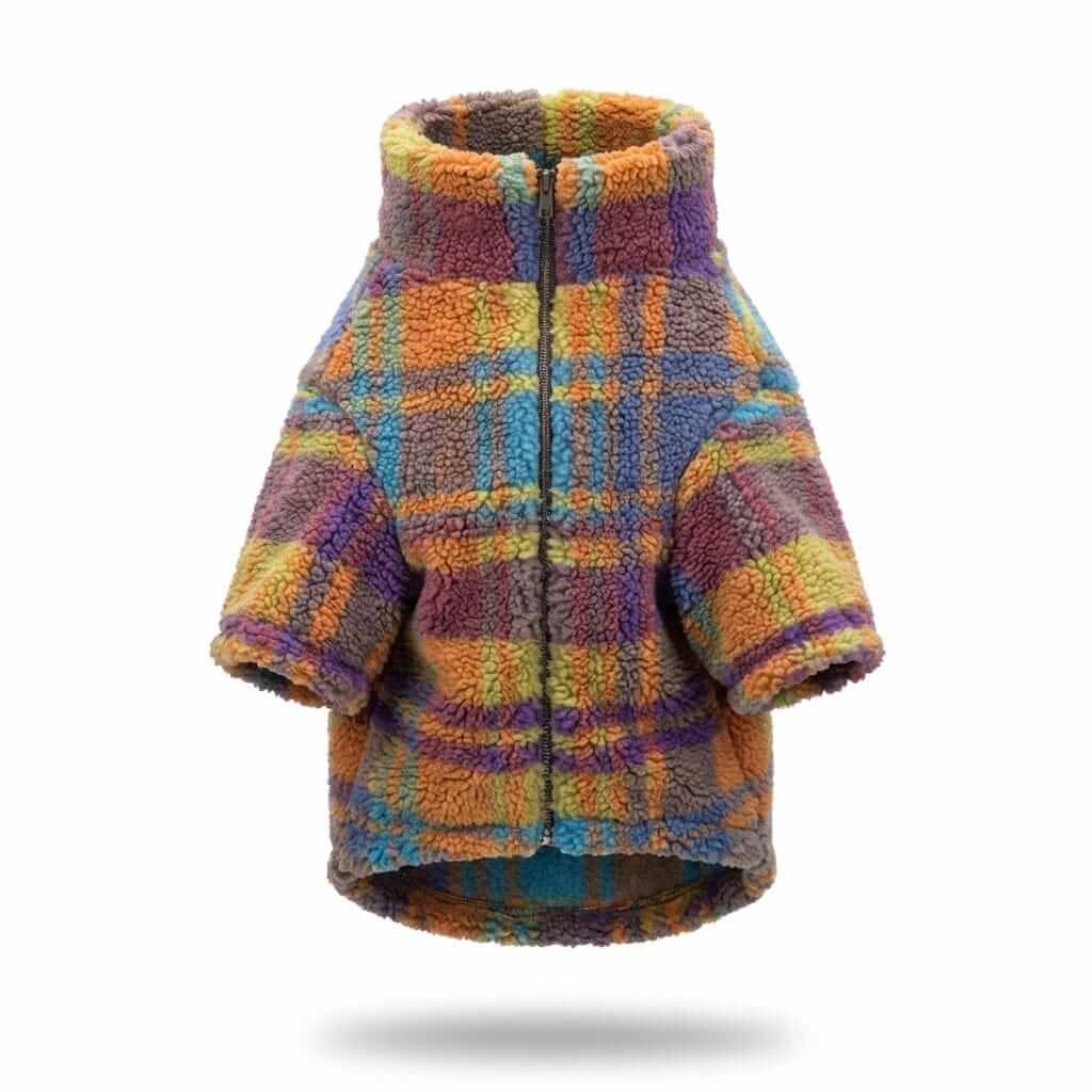 LambCloud Plaid Sherpa Jacket, insulated dog coat, multi-color plaid pattern, warm fleece for dogs & cats.