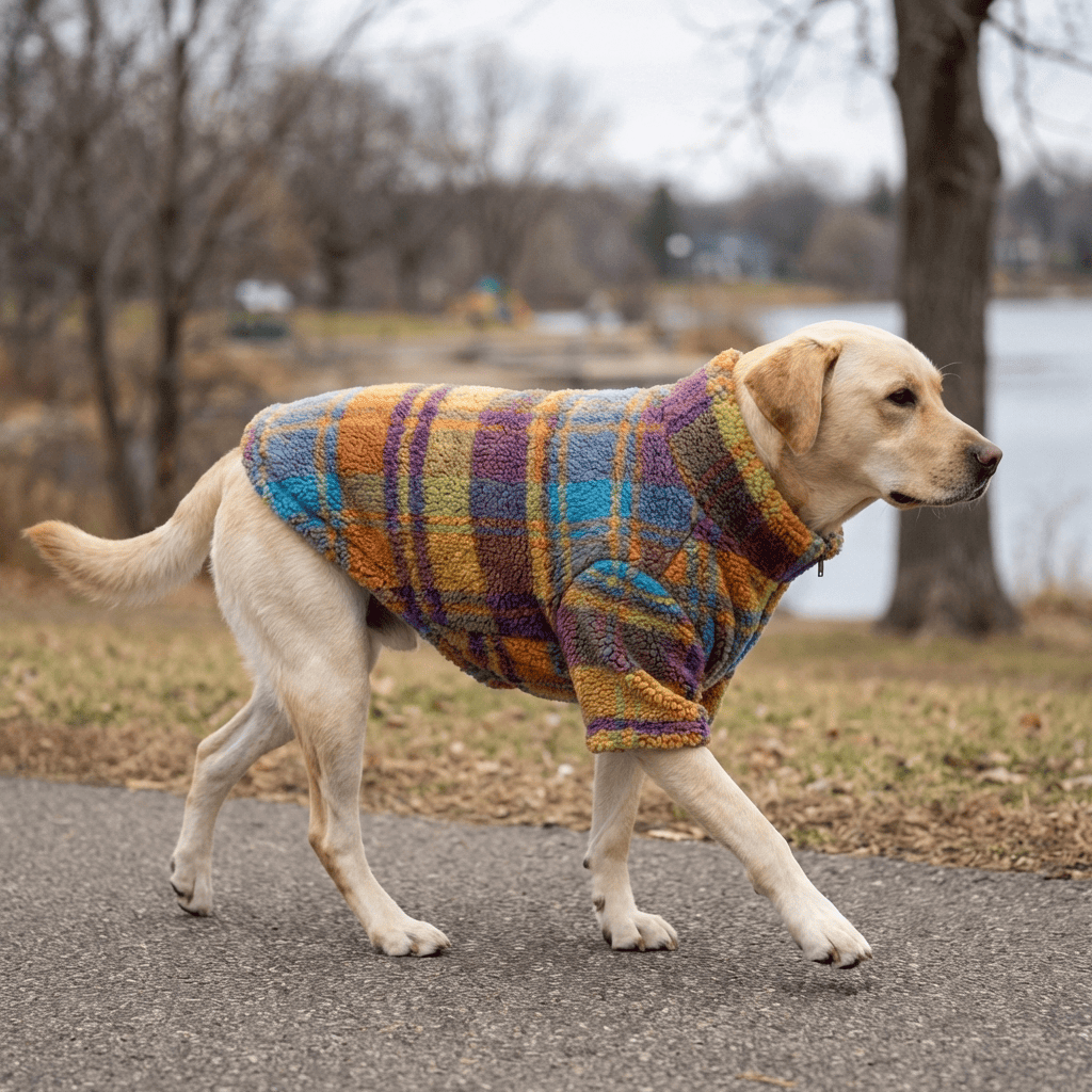 LambCloud Plaid Sherpa Jacket on a dog, ultra-soft fleece, vibrant plaid pattern, stylish winter coat for dogs.